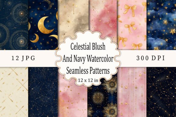 Celestial Blush Navy Watercolor Patterns
