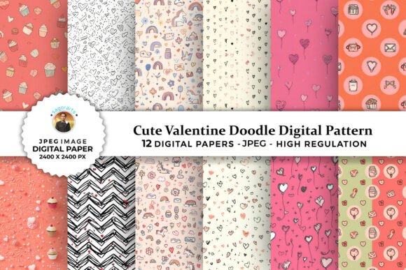 Cute Valentine Doodle Digital Patterns