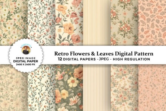 Retro Flowers Leaves Digital Patterns