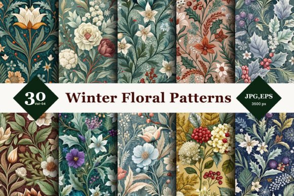 Winter Floral Seamless Patterns 04