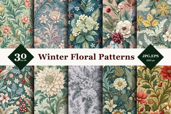 Winter Floral Seamless Patterns 06